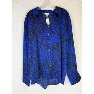 GeeGee Blue Leopard Print Blouse 2XL Button Front Tunic Lightweight Top Career